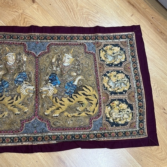 Burmese Kalaga Large Tapestry Tigers Dragons Riders 40” x 23” Handmade in Burma - Picture 4 of 13
